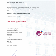 Zertifikat des BMBWF und Oead für die Zivil.Courage.Online-App